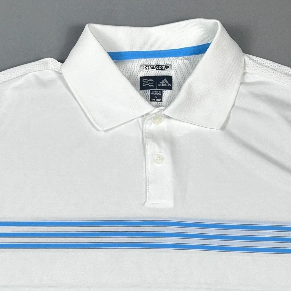 Adidas ClimaCool Golf Polo Shirt Mens Large Performance Tech White Blue‎ Stripe